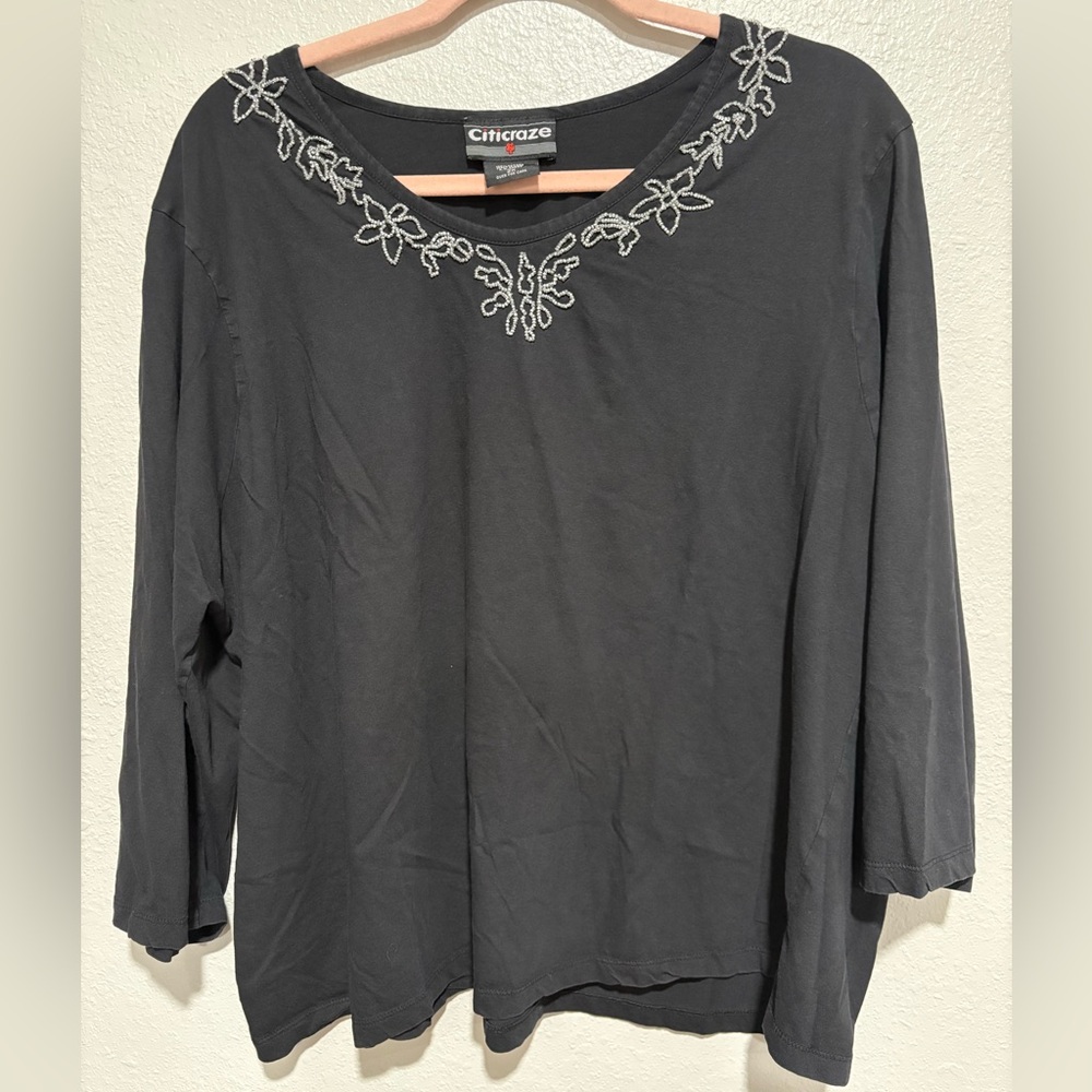 Women's Black Embroidered Long Sleeve Top